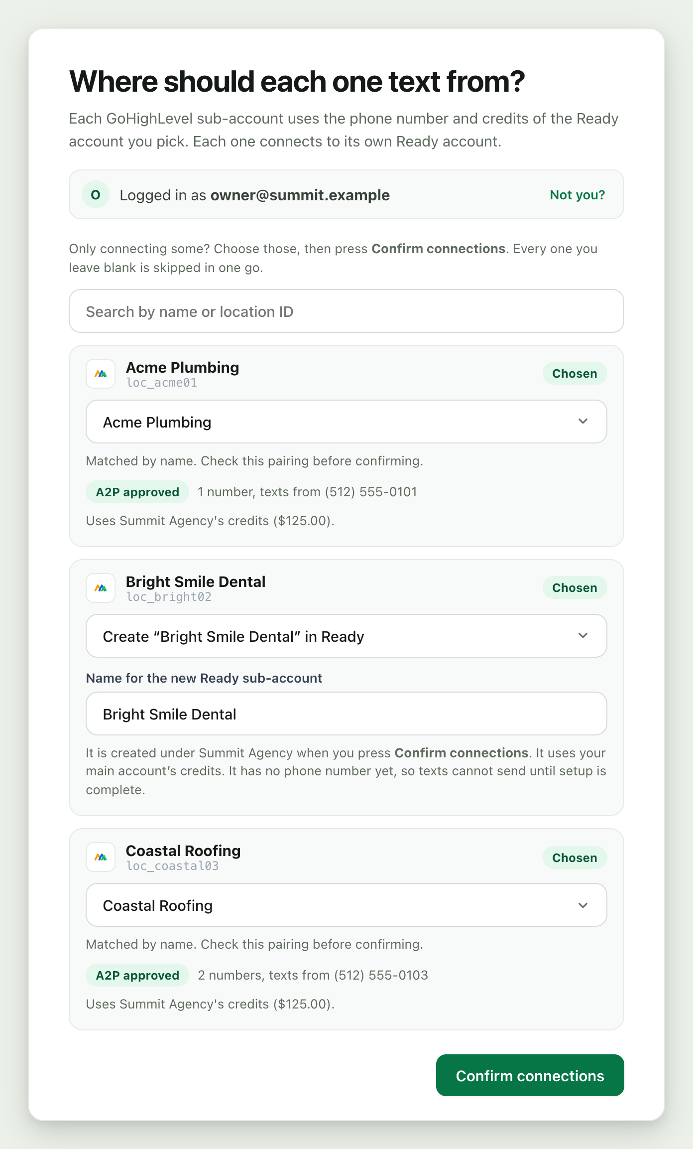 Ready screen titled Where should each one text from, listing three GoHighLevel sub-accounts, each with a Ready account picked